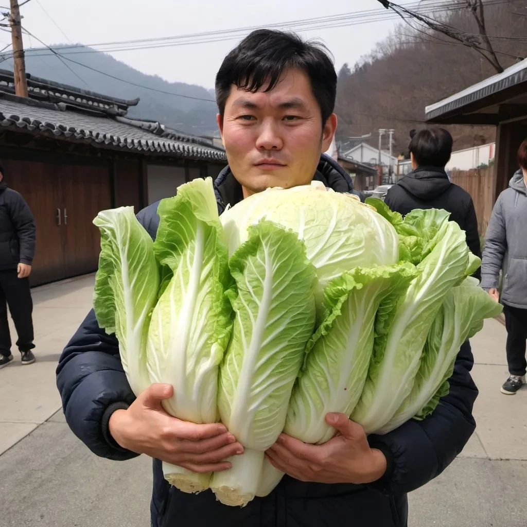 Prompt: Someone carried a heap of Napa cabbage for kimchi