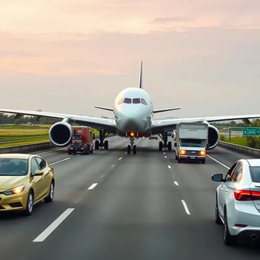 Prompt: the airbus a350 is on the highway with other cars and trucks