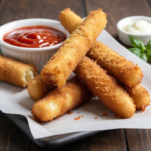 Prompt: Mozzarella fried cheese sticks with marinara