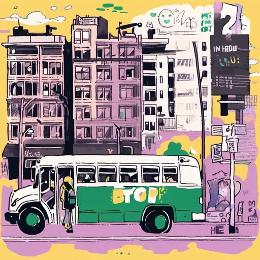 Prompt: seen from the back, the bus itself left from the bus stop. it is located in the streets of astoria nyc