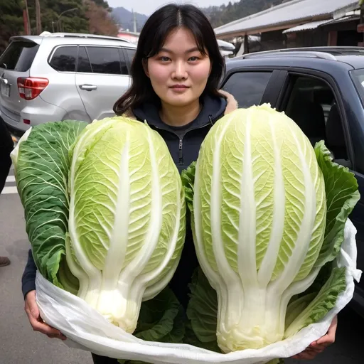 Prompt: Someone carried a heap of Napa cabbage for kimchi