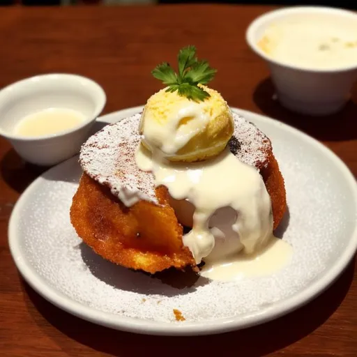 Prompt: Fried ice cream with white gravy