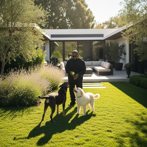 Prompt: Kanye west playing with his dogs at the backyard