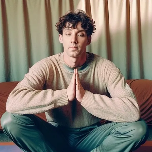 Prompt: the guy is doing yoga at a living room