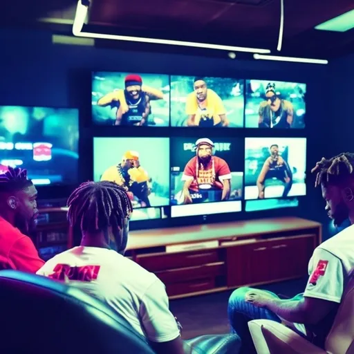 Prompt: rappers are playing playstation on tv, multiple guys, gaming room