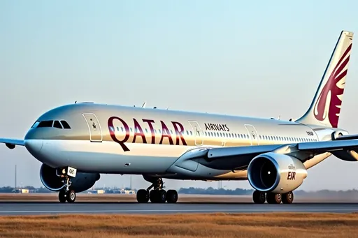 Prompt: an airbus a340, qatar airways, on the airport runway