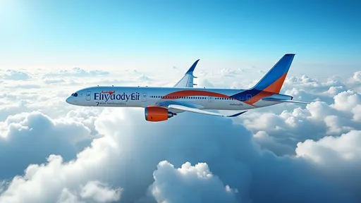 Prompt: Soaring gracefully above a sea of fluffy white clouds, a modern Flydubai aircraft glistens in the sunlight, showcasing its sleek design and vibrant livery. The aircraft, a Boeing 787 Dreamliner, features a distinctive blue and orange tail, with the brand's logo prominently displayed along its fuselage. Below, the earth is partly visible, hinting at a lush landscape and water bodies, suggesting a remote yet picturesque destination. The atmosphere is serene and expansive, capturing the essence of travel and adventure, as the airplane navigates the vast blue sky, embodying both innovation and wanderlust. The composition highlights the elegance of aviation against a backdrop of fluffy cumulus clouds, evoking a sense of freedom and exploration.