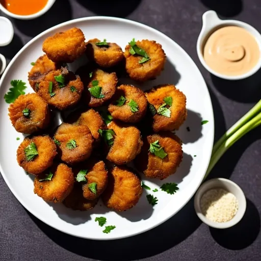 Prompt: Fried mushrooms, crispy, with sauce