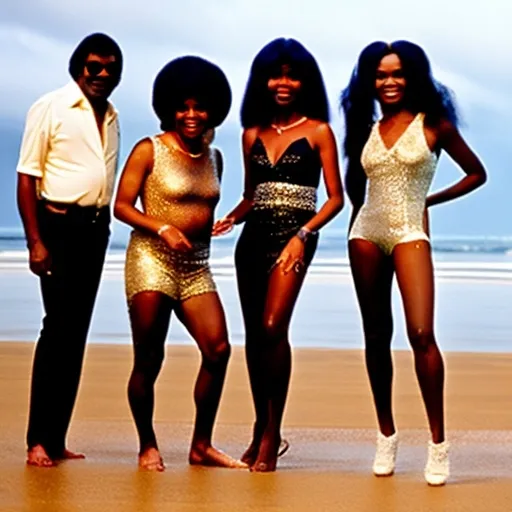 Prompt: the boney m band are on the beach