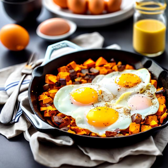 Prompt: Sweet potato and eggsbreakfast skillet, yolks as two eggs, sprinkled with black pepper, orange yolks, two eggs, and scrambled sweet potato hash browns