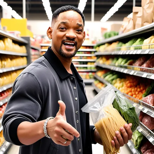 Prompt: Will Smith went to the Walmart supermarket, buying groceries, as well as buying dried spaghetti noodles, pasta sauce, ground beef, and more. He is also buying vegetables as well