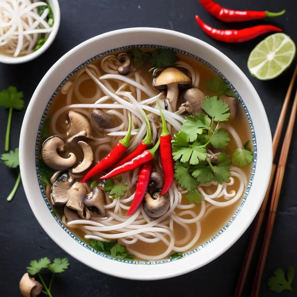 Prompt: pho soup with chili peppers and mushrooms