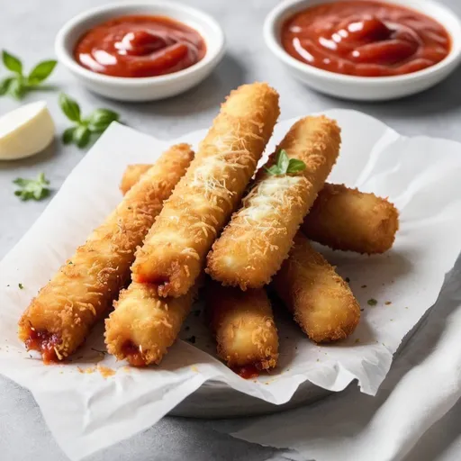 Prompt: Mozzarella fried cheese sticks with marinara