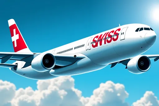 Prompt: Visualize a majestic Swiss Air Airbus A330 soaring gracefully through a bright blue sky