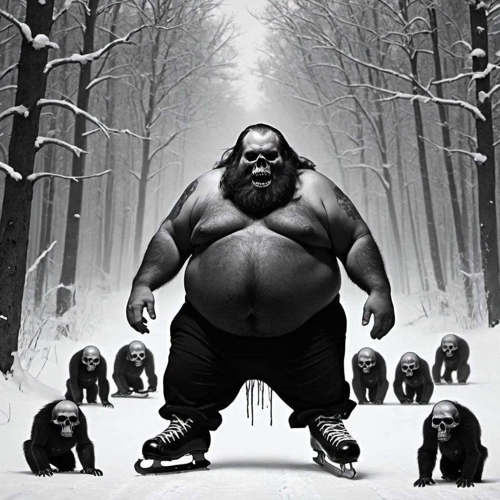 Prompt: album cover for a black metal band 
a fat man who ice skates
lots of skulls around
some dead apes 