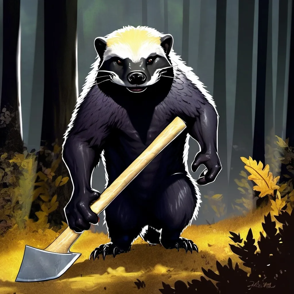 Prompt:  honeybadger with an axe ready to hunt in a dark forest background 