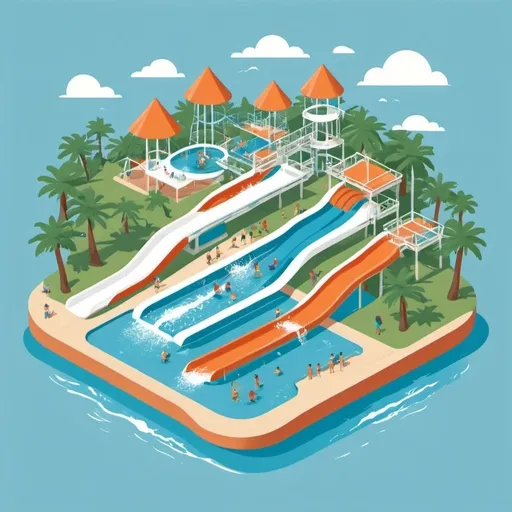 Prompt: Illustrated T-shirt design of flat waterpark, vector, solid white background, simple color palette, high quality