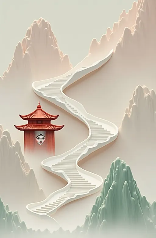 Prompt: A Chinese-inspired minimalist surreal geometry artwork with traditional landscape and architecture elements. An S-shaped winding staircase ascends through a soft gradient pastel sky, dividing the white background into abstract mountain shapes inspired by Chinese landscape painting, with soft ink wash effects and clean lines. In the center, there is a traditional Chinese pavilion with curved eaves and wooden structure, abstractly integrated with a human face design. The entire composition features subtle Chinese traditional colors like green, red, and ink-like washes, while maintaining the minimalist, dreamlike and impossible geometry aesthetic of Monument Valley