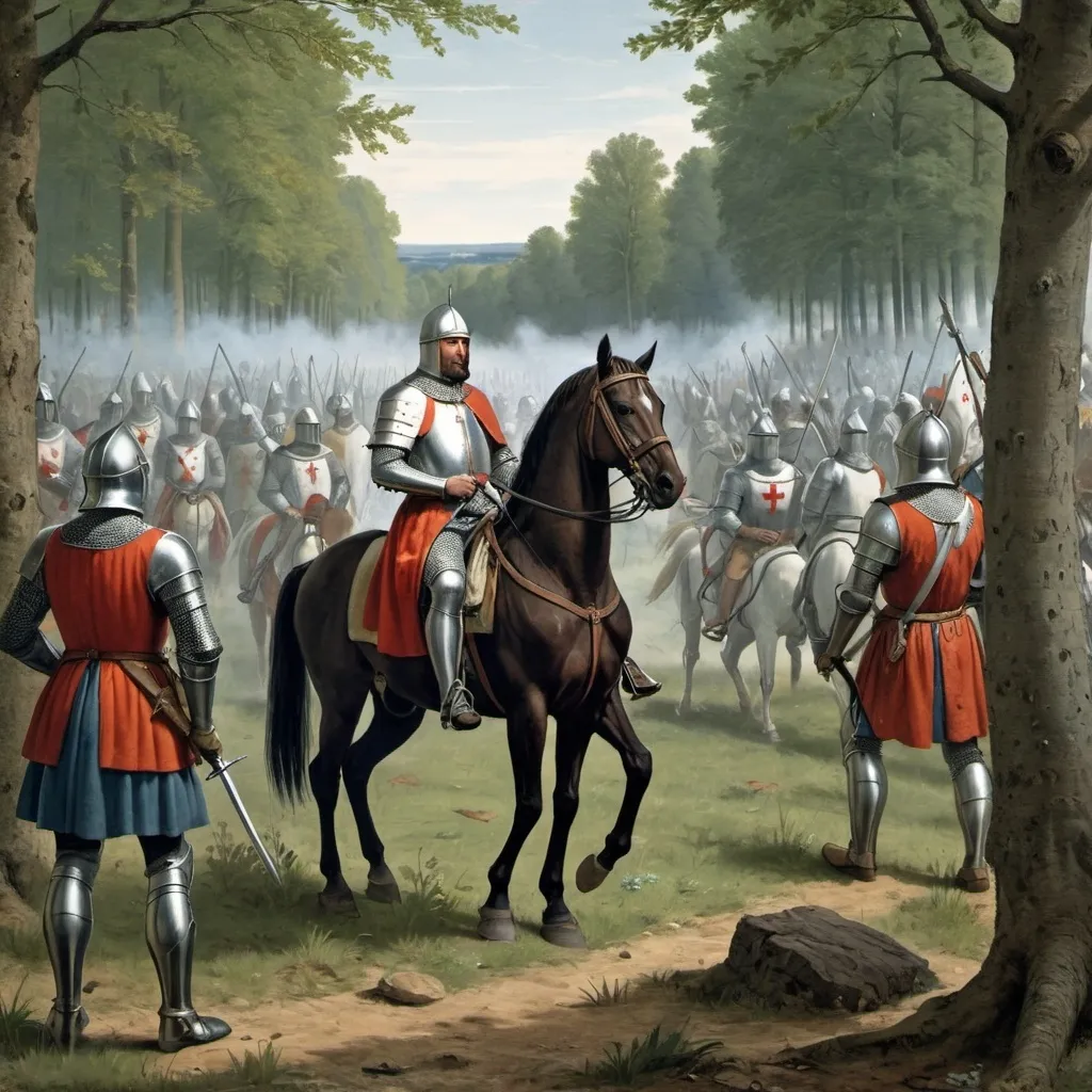 Prompt: king Phillip the fair of France 1307 ad , hunting in the woods on horseback with knights templar hiding in the background
