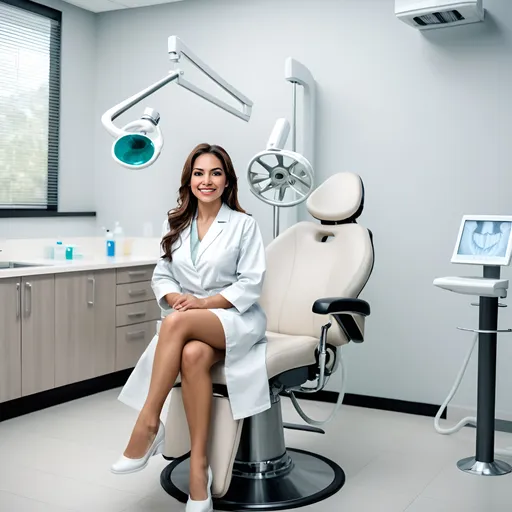 Prompt: a Hispanic dentist woman wearing a white robe is sitting next to a modern dentist's chair.