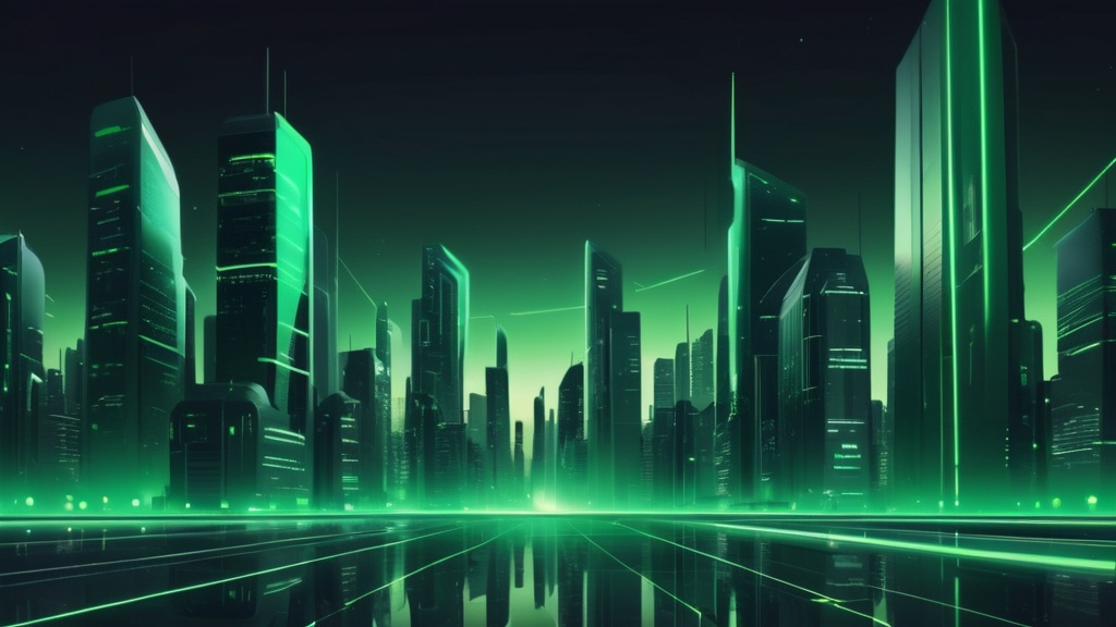 Prompt: create a futuristic city background at night with green shades and minimal buildings