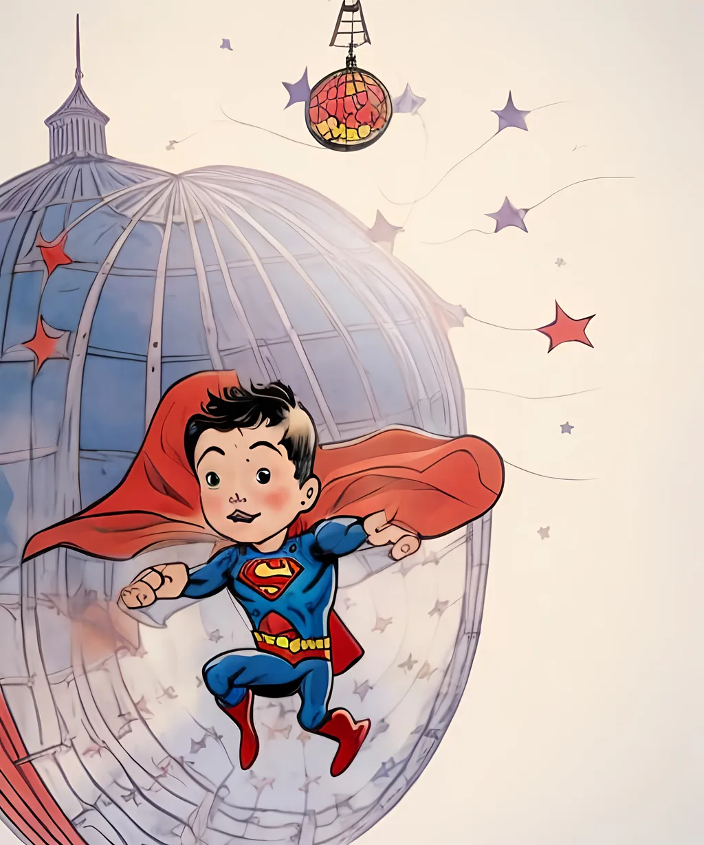 Prompt: Flying superhero boy under circus dome.
save the original face