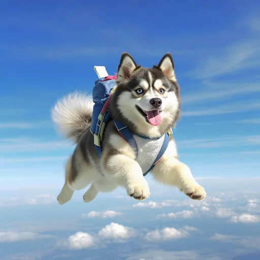Prompt: A pomsky who is in a world of dogs flying 