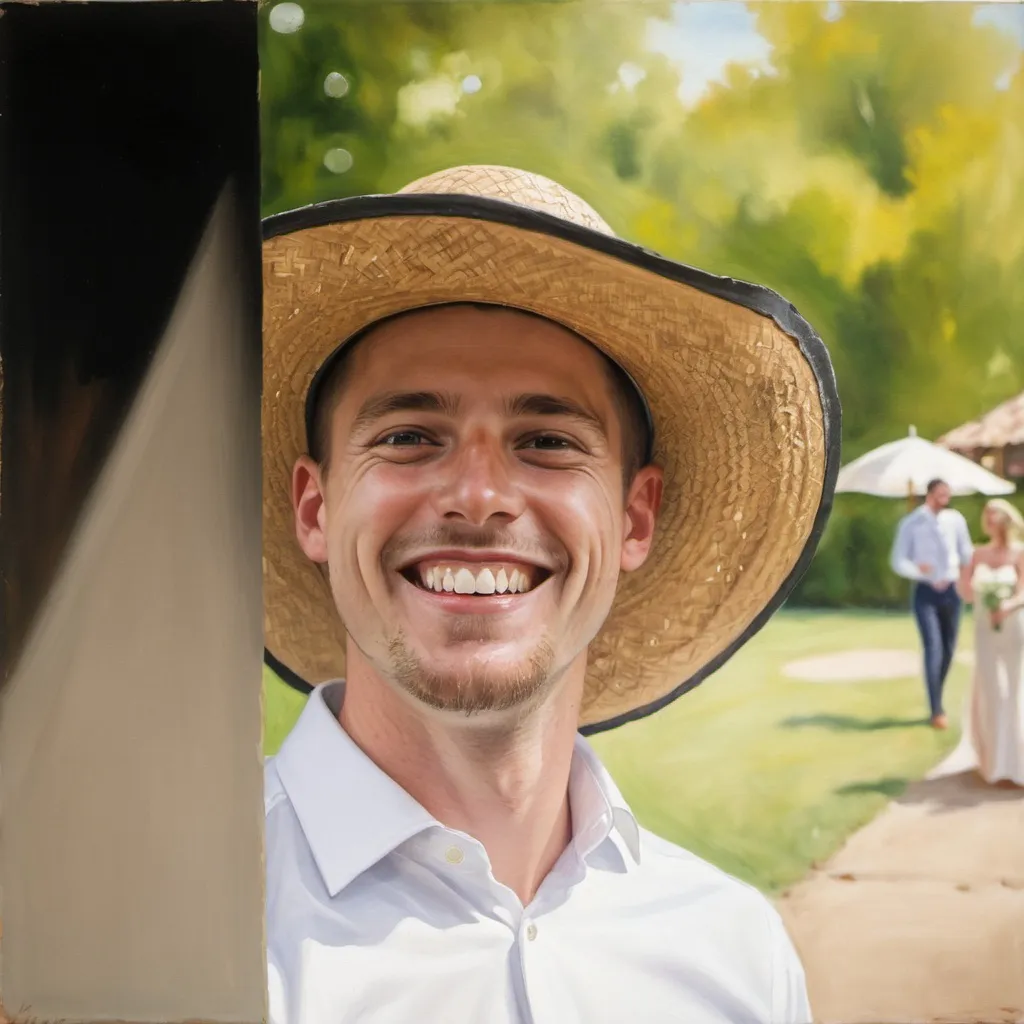 Prompt: Oil painting of a very happy groom for his wedding wearing a large straw hat