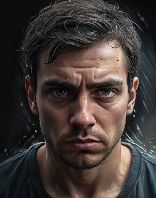 Prompt: Man overcoming inner struggles, realistic digital painting, determined expression, intense and focused gaze, overcoming self-centeredness, self-pity, self-absorption, dishonesty, selfishness, impulsivity, and self-righteousness, high quality, realistic, emotional portrait, detailed eyes, dark and moody tones, dramatic lighting, introspective, professional, personal growth. In a scenario of fire, water, ice, storm and powerful Sunn 