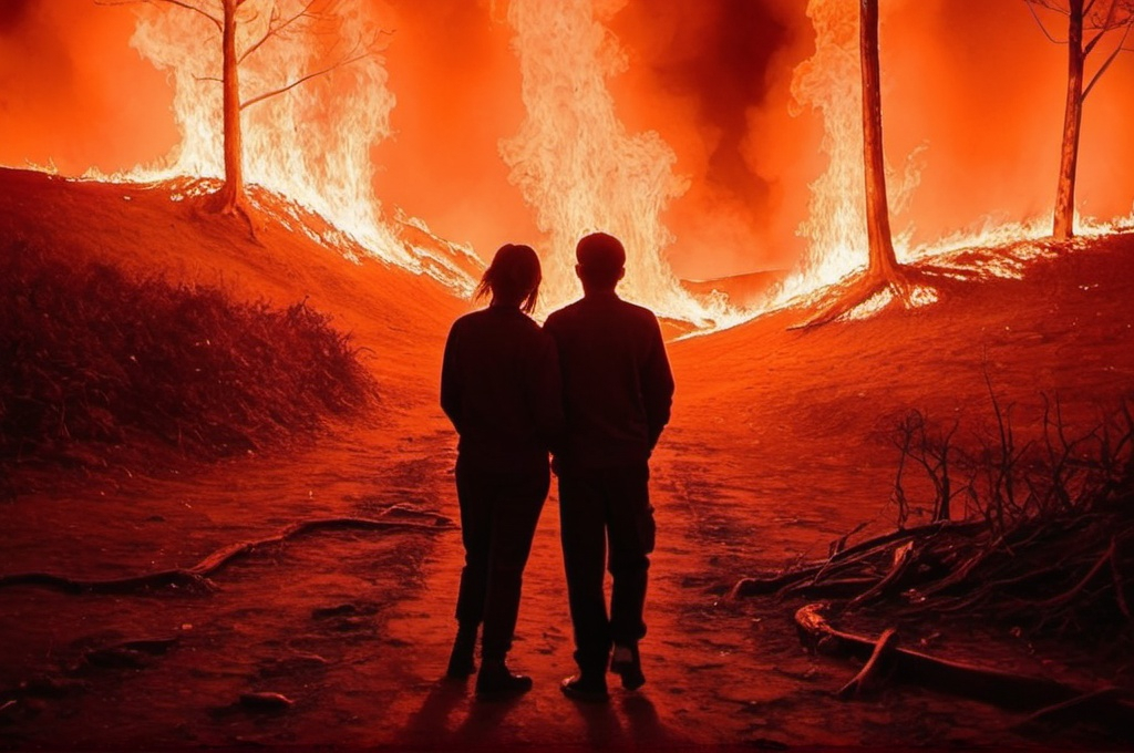 Prompt: Use the two people from the picture, they should not be altered, try to copy every detail from them. Around them, the ground is ablaze, an inferno spreading and transforming everything it touches into glowing ash. Despite the intense heat, the colors from the picture remain unchanged - the red flames, the black shadows, and the orange glow that envelops everything. The uniformity of the people contrasts with the chaos around them, yet they remain unmoved, almost as if they are immune to the fire and destruction surrounding them.