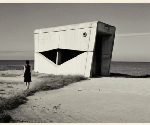 Prompt: An old bunker near the shoreline. In the foreground a handsome futuristic woman, age 20, standing at the slightly tilted entrance.