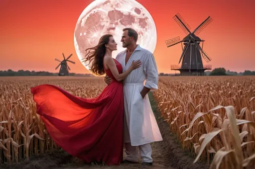 Prompt: Man and woman of equal height, both in their forties; he in entirely white attire and she in a voluminous red dress. They stand in a ripe cornfield with windmills and a sunset in the background. The moon is half visible to the left in the picture. There is love and desire between them. 