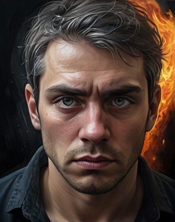 Prompt: Man overcoming inner struggles, realistic digital painting, determined expression, intense and focused gaze, overcoming self-centeredness, self-pity, self-absorption, dishonesty, selfishness, impulsivity, and self-righteousness, high quality, realistic, emotional portrait, detailed eyes, dark and moody tones, dramatic lighting, introspective, professional, personal growth. In a scenario of fire, water, ice, storm and powerful Sunn 