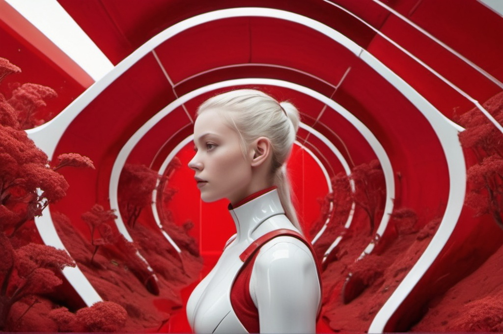 Prompt: Imagine a scene where a 30-year-old man and women in an ecological futuristic scenario. He is depicted white and her in red. 