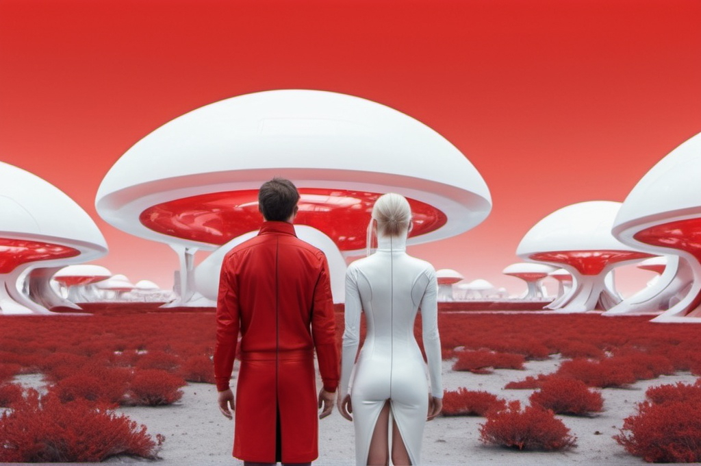 Prompt: Imagine a scene where a 30-year-old man and women in an ecological futuristic scenario. He is depicted white and her in red. 