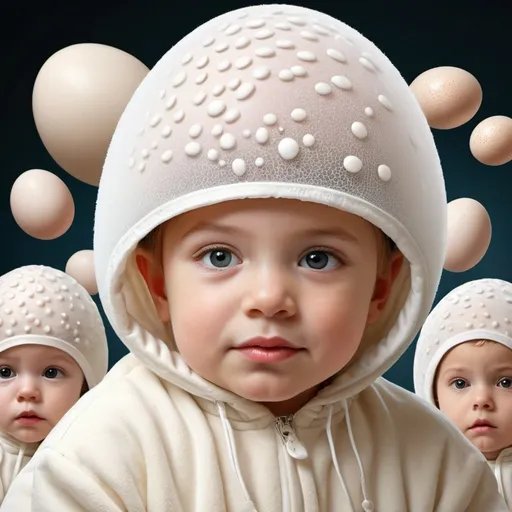 Prompt: Realistic style depicting children dressed in costumes representing a human egg cell and human sperm cells just prior to fertilization.

 
