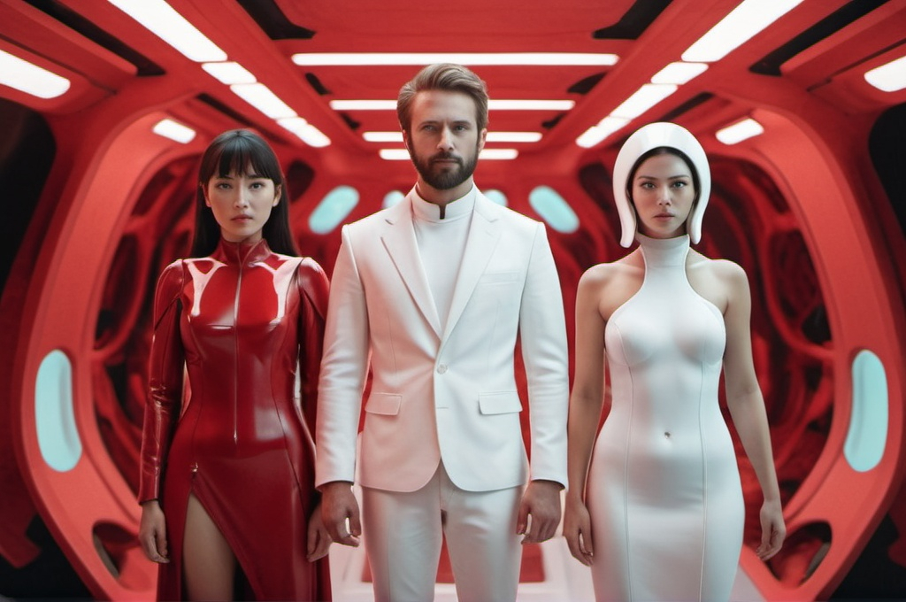 Prompt: Imagine a scene where a 30-year-old man and 30 year old women stand in an ecological futuristic scenario. He is depicted white clothes and she is in a red dress. 
