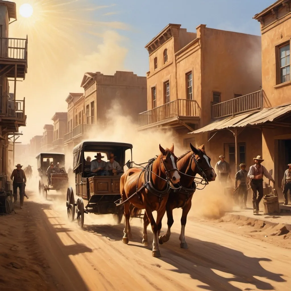 Prompt: Realistic oil painting of cattlepunk town, bright sunlight, sandy colors, detailed buildings, dusty atmosphere, realistic style, warm tones, professional lighting, highres, ultra-detailed, cattlepunk, realistic, bright sunlight, sandy colors, detailed buildings, dusty atmosphere, with people on wild chase on horse and carts, dust blowing up behind them