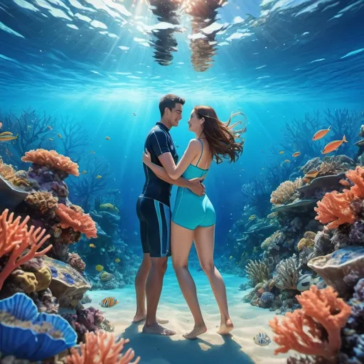 Prompt: Underwater scene of a happy couple, deep blue and turquoise tones, coral reef background, detailed ocean life, crystal clear water, highres, ultra-detailed, underwater, romantic, happy couples, swimsuit, coral reef, clear water, detailed sea life, vibrant colors, professional lighting, anime, hugging 