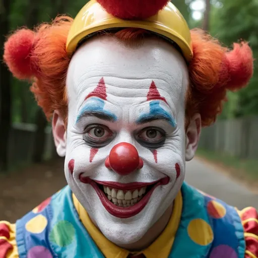 Prompt: A horror movie titled
Text: “Autismo: The Clown”
 written below as the film’s title.

We see a clown with a big smile, big ears, freckles wearing a bike helmet on his head