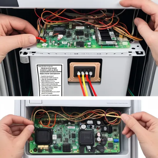 Prompt: A combined photo of the repair of the inverter refrigerator and air conditioner motherboard with an explanation of the repair text