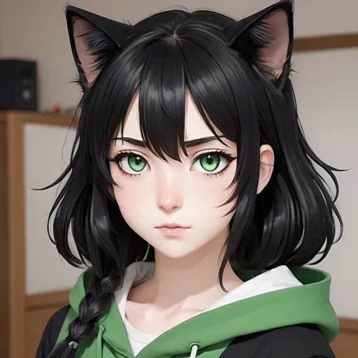 Prompt: An anime girl cat human with black hair and green eyes 