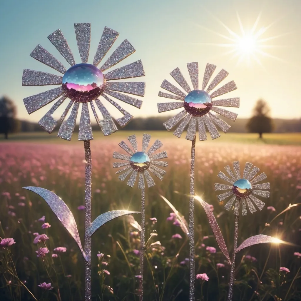 Prompt: abstract glittery sparkling flowers in a field. one tree. sunlight. friends. love. character. 