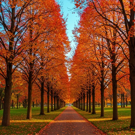 Prompt: This photograph captures a vibrant autumn scene in a park. The image is dominated by a line of tall trees, their branches adorned with bright, fiery leaves in shades of orange, red, and yellow. The leaves are dense, creating a rich, colorful canopy overhead. The trees are positioned on both sides of a narrow, gravel pathway that stretches into the distance, leading the viewer's eye deeper into the park. The pathway is slightly curved and is bordered by a grassy area on the left, which is dotted with fallen leaves in autumn hues. On the right, the grass is partially obscured by the base of the trees. The sky above is a clear, vivid blue, providing a striking contrast to the warm colors of the leaves. The sunlight filters through the canopy, casting dappled shadows on the ground. The texture of the tree trunks is rough and rugged, with dark, bark-covered surfaces. The overall composition of the photograph emphasizes the beauty and warmth of the autumn season, with the bright colors and clear sky creating a serene and inviting atmosphere.
