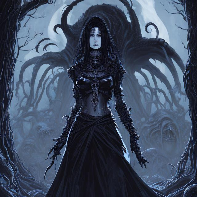 Prompt: a striking polish female necromancer with glossy straight black hair, and elegant black clothing, exposed stomach. She wears a simple silver amulet. She is surrounded by monsters. Eldritch horrors follow her as she walks into the dark haunted forest. The moon glows overhead