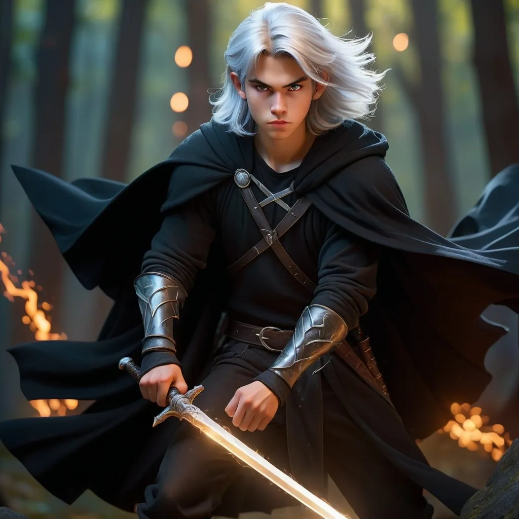 Prompt: (warrior 20 years old boy), (silver hair), black clothes, black cloak, great sword, magic sticks, intense expression, dramatic pose, ethereal glow from sword, dark mystical background, (highly detailed), (fantasy style), captivating atmosphere, (4K), dynamic lighting, enchanting magic aura, adventurous vibe.