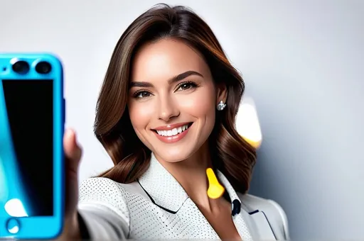 Prompt: Photorealistic image of a confident, smiling woman taking a selfie, natural lighting, high quality, photorealism, detailed facial features, self-assured expression, modern attire, sleek hair, genuine smile, smartphone in hand, subtle background, professional