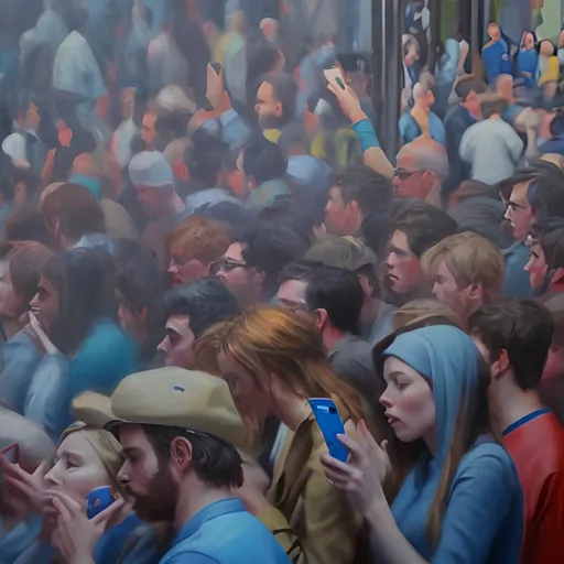 Prompt: people using phone in a crowd sad blue oil paint
