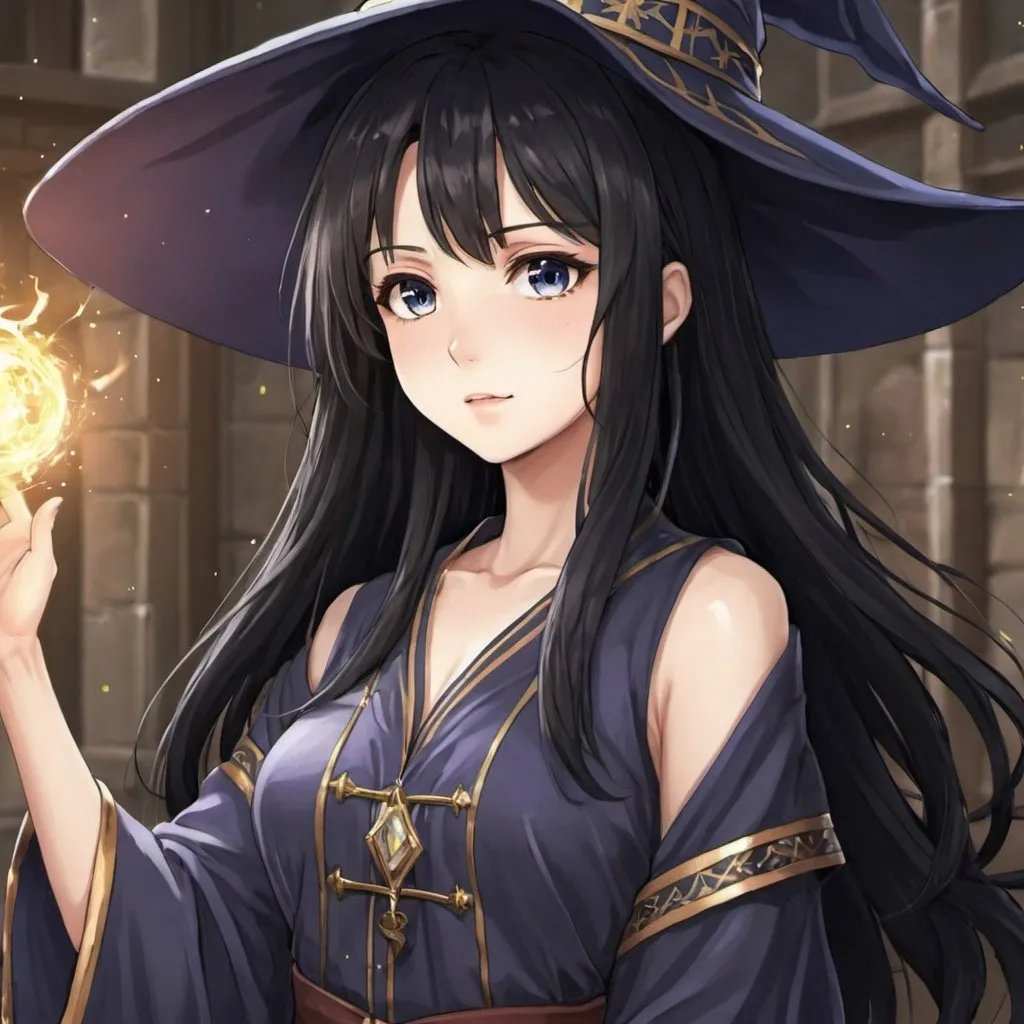 Prompt: anime, girl, detailed, black hair, outgoing, wizard, very detailed