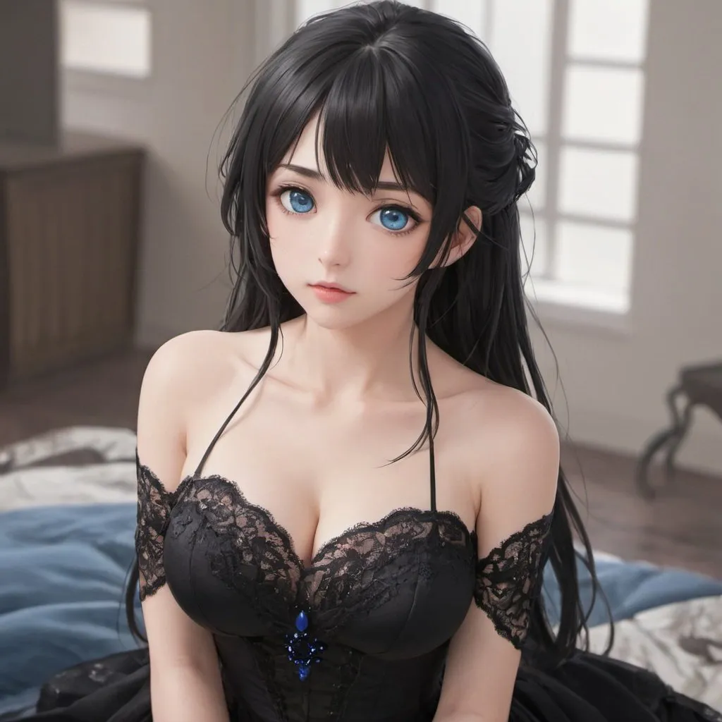 Prompt: anime, girl, detailed, big chest, blue eyes, black hair, long dress, very detailed